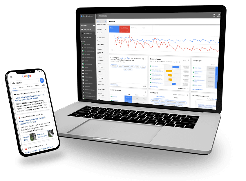 A laptop displaying analytics dashboards next to a smartphone showing a Google search results page. -JRPMTS