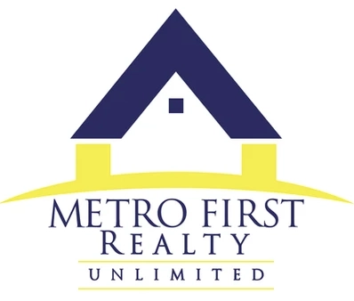 Logo for Metro First Realty Unlimited featuring a stylized house in navy and yellow with text below. -JRPMTS