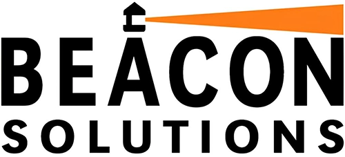 The logo reads “BEACON SOLUTIONS.” The letter “A” in “BEACON” is stylized as a lighthouse with an orange beam of light shining to the right. -JRPMTS LLC