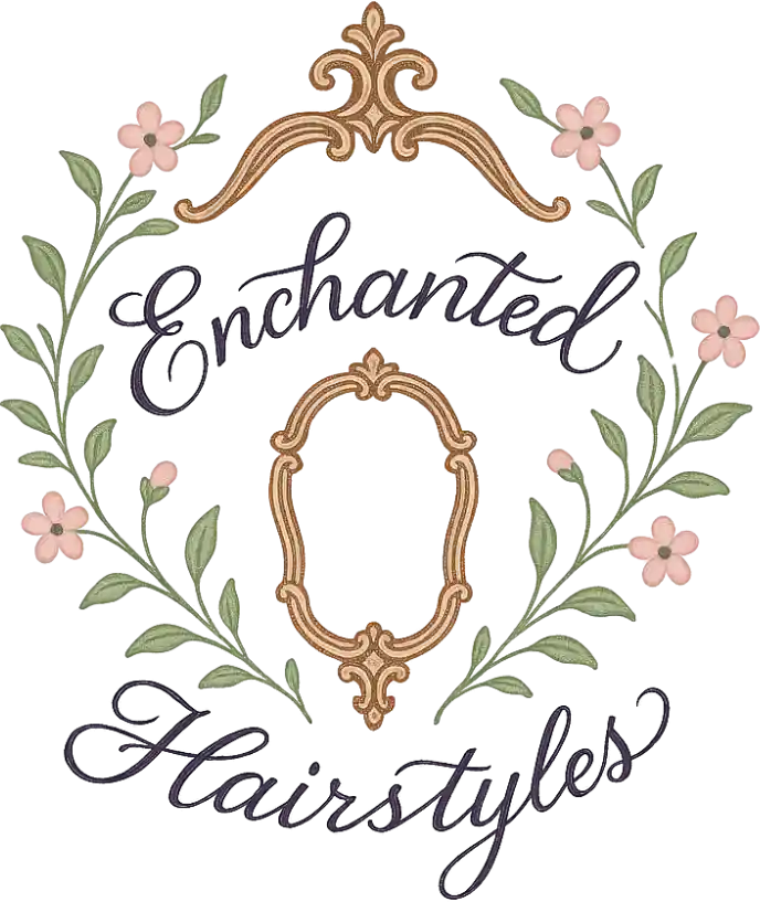 Ornate embroidery-style logo with pink flowers, green leaves, and gold accents, framing the words Enchanted Hairstyles around a decorative empty oval. -JRPMTS LLC