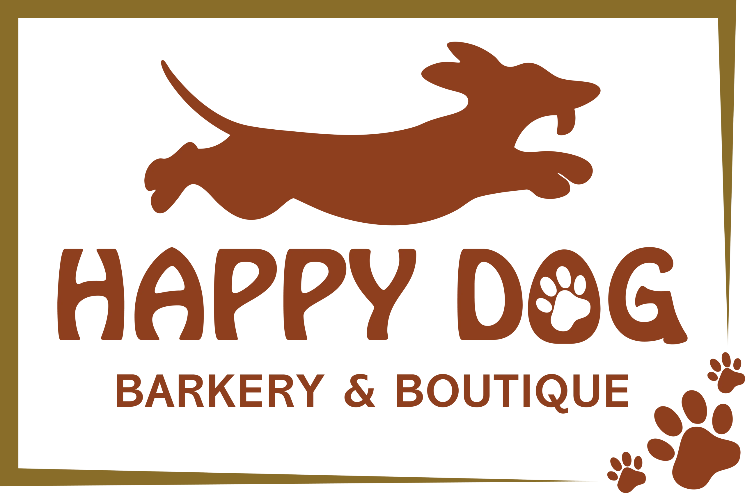 A logo with a brown silhouette of a leaping dog above the words HAPPY DOG BARKERY & BOUTIQUE in brown text on a black background, with brown paw prints in the bottom right corner. -JRPMTS LLC