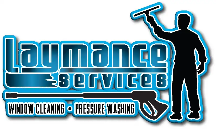 Logo for Laymance Services featuring a silhouette of a person holding a window squeegee and a pressure washer. Text below reads Window Cleaning • Pressure Washing with blue and black accents. -JRPMTS LLC