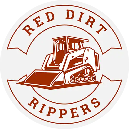 Logo featuring a bulldozer illustration in the center, with the words Red Dirt above and Rippers below, all in bold red text on a white circular background. -JRPMTS LLC