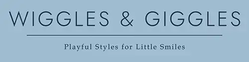 The image shows the text WIGGLES & GIGGLES in large letters, with Playful Styles for Little Smiles written underneath on a blue background. -JRPMTS LLC