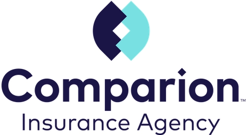 Logo for Comparion Insurance Agency. The design features a stylized geometric symbol above the words Comparion Insurance Agency in bold, modern lettering. The color scheme is dark blue and light blue. -JRPMTS LLC