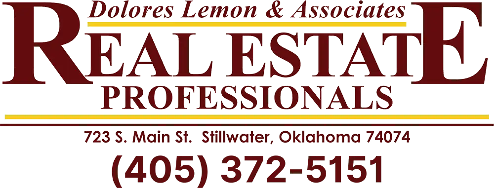 Logo for Dolores Lemon & Associates Real Estate Professionals, with address 723 S. Main St., Stillwater, Oklahoma 74074, and phone number (405) 372-5151 in bold red and gold text. -JRPMTS LLC