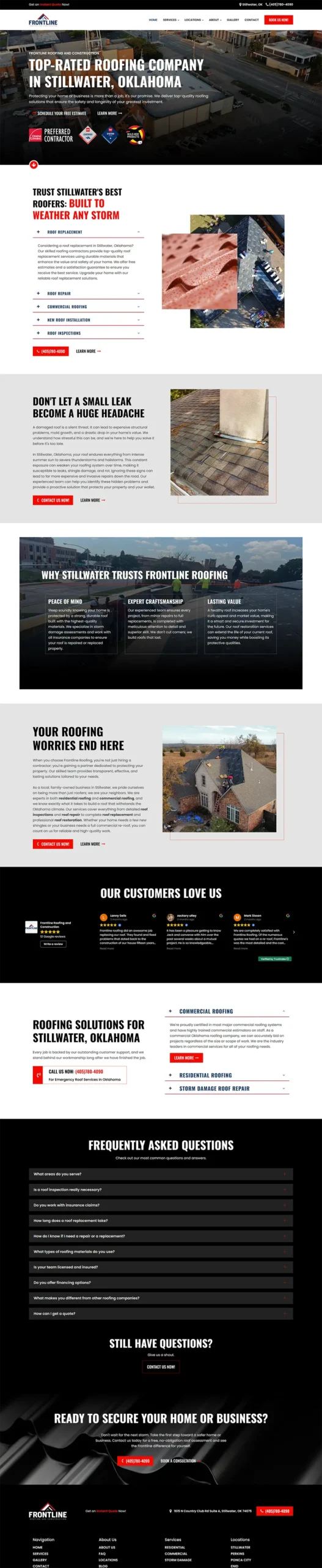 Screenshot of a roofing company’s website homepage featuring service descriptions, customer reviews, FAQ section, contact form, and images of roofing materials and completed residential roofs in Stillwater, Oklahoma. -JRPMTS LLC