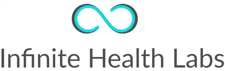 Logo for Infinite Health Labs, featuring a blue infinity symbol above the company name in gray text on a white background. -JRPMTS LLC