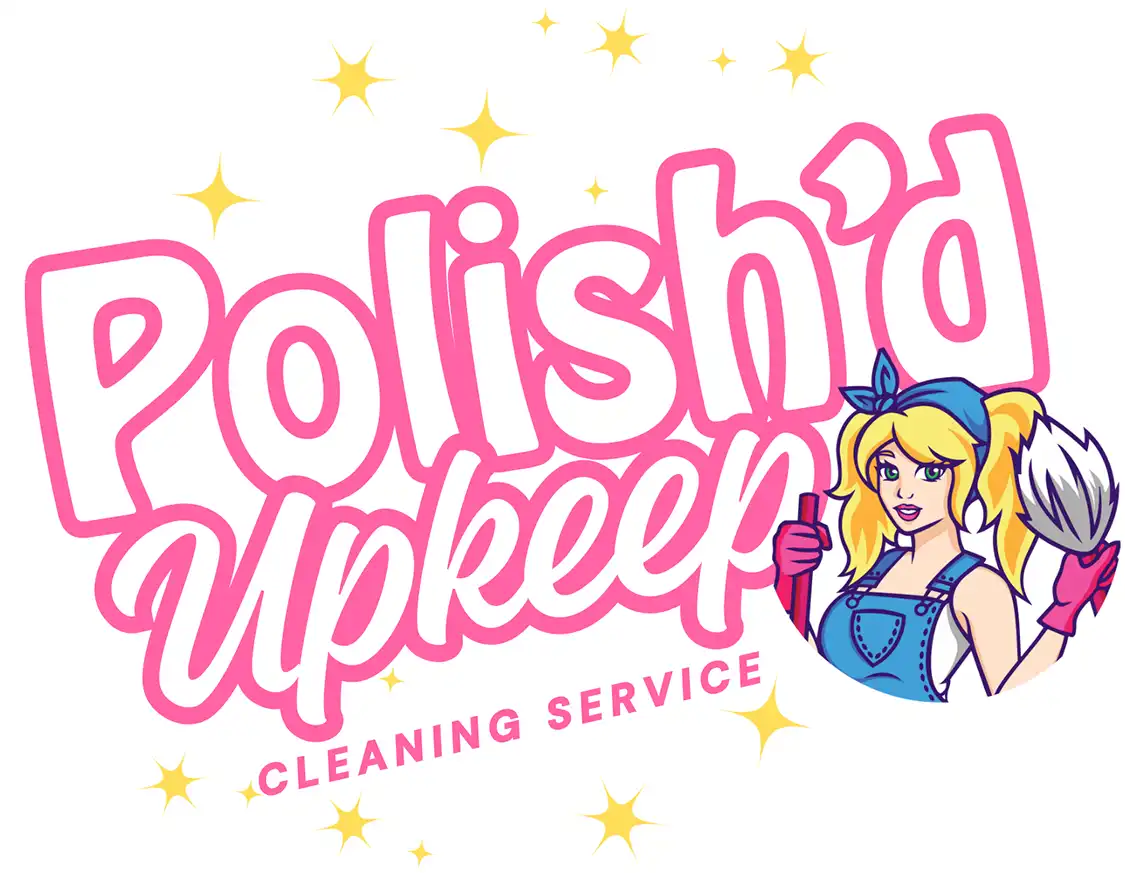 Logo for Polish’d Upkeep Cleaning Service in pink letters with yellow sparkles. A cartoon woman in overalls, gloves, and a headband holds a feather duster and spray bottle, smiling. -JRPMTS LLC