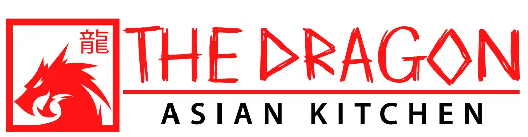 Logo for The Dragon Asian Kitchen featuring a red dragon head illustration inside a square with a Chinese character, alongside the restaurant name in bold red and black lettering. -JRPMTS LLC